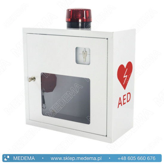 Szafka ścienna, metalowa na defibrylator AED - wewnętrzna, alarm, kluczyk